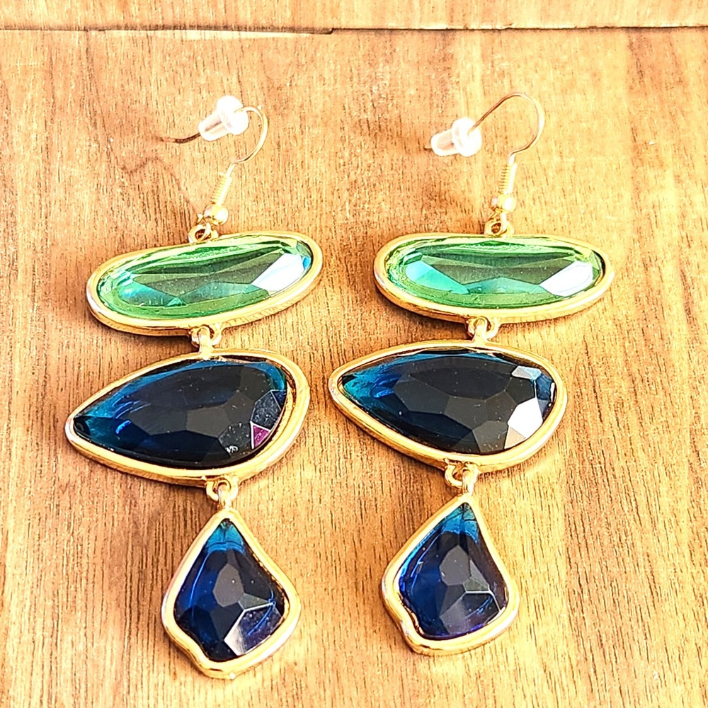 Gold Tone Triple Tier Green and Blue Glass Stone Statement Drop Earrings 3"